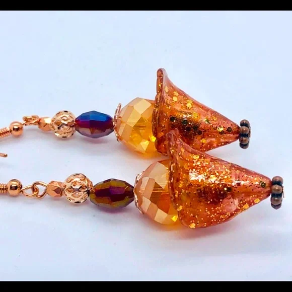 🎁⭐️Hand painted boho watercolor earrings-peach and copper drop - Picture 5 of 9